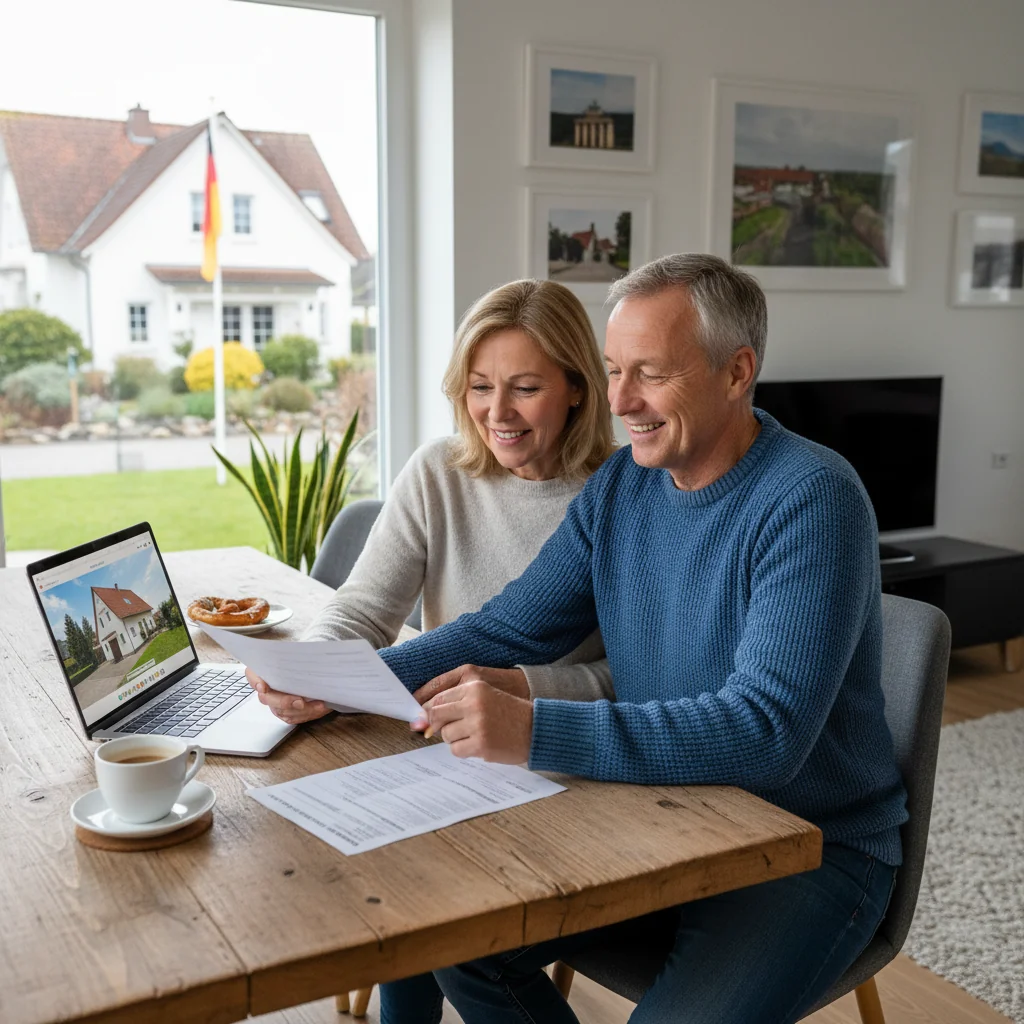 A photorealistic image of a middle-aged German couple in a modern living room, happily reviewing mortgage documents on a table with a laptop showing a house purchase interface, symbolizing home ownership and financial security in Germany. The scene conveys trust and excitement about buying a home, with subtle German elements like a flag or architecture in the background. No children are present in the image.