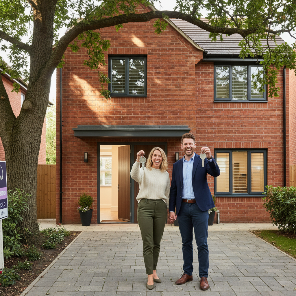 A photorealistic image of a professional couple in their 30s standing proudly outside a modern suburban home in the UK, holding keys to their new property, symbolizing homeownership and mortgage achievement, with a subtle Union Jack flag in the background to evoke the UK setting. No children are present in the image.