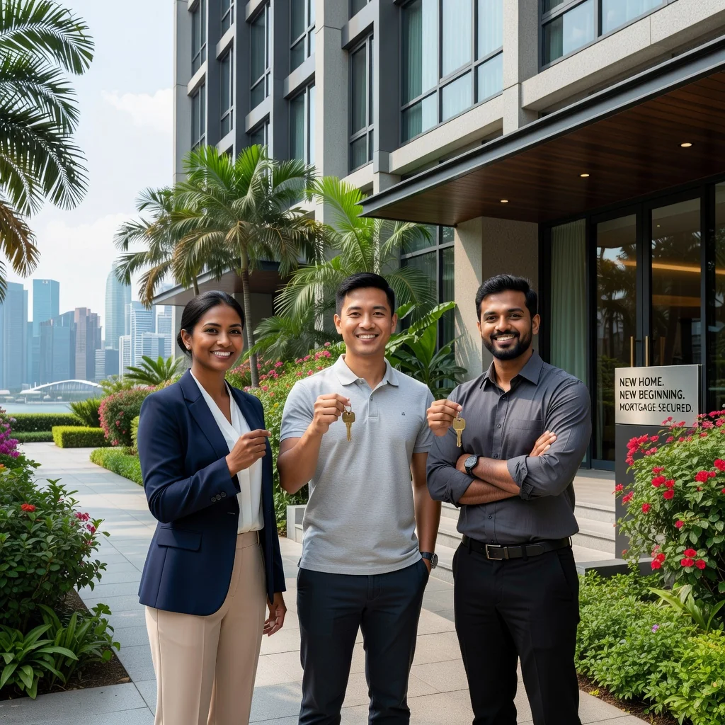 A photorealistic image representing homeownership and property acquisition in Singapore, featuring a diverse group of adults standing proudly in front of a modern residential building in a vibrant urban neighborhood, symbolizing the security and stability provided by a mortgage deed.