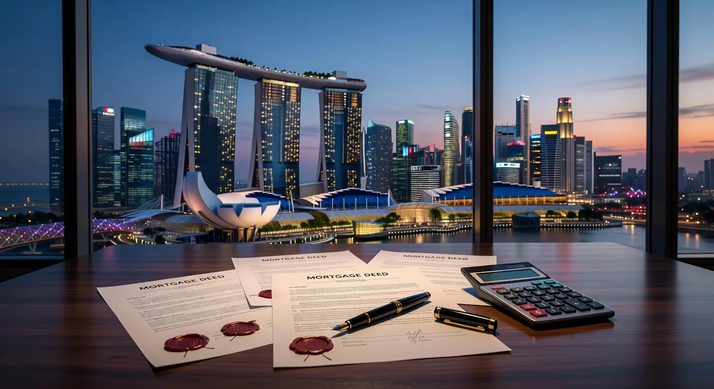 Singapore skyline with legal documents