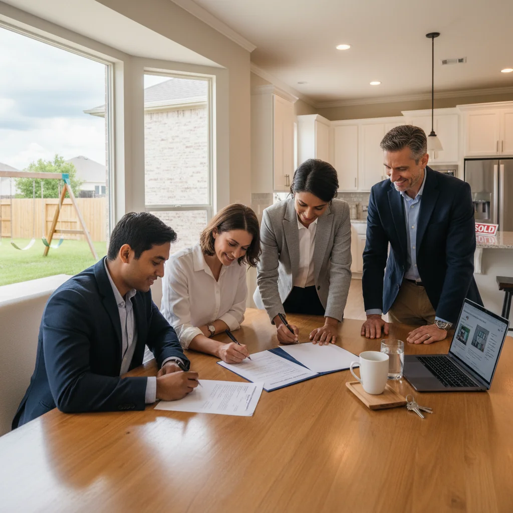 A photorealistic image of a diverse group of adults in a modern American home, signing mortgage documents at a kitchen table with a real estate agent, symbolizing homeownership and financial security in the United States. The scene conveys trust, achievement, and the excitement of buying a first home, with elements like house keys, a laptop showing property details, and subtle American flag in the background. No children are present in the image.