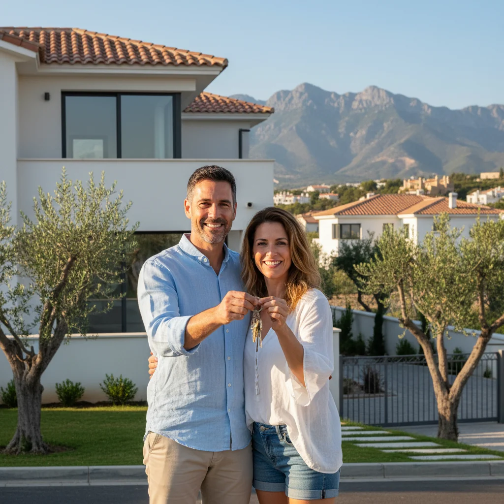 A photorealistic image of a happy adult couple in their 30s standing outside a modern Spanish home, holding keys to their new property, with a scenic view of a sunny Spanish neighborhood in the background, symbolizing the joy of homeownership secured through a mortgage in Spain. No children are present.