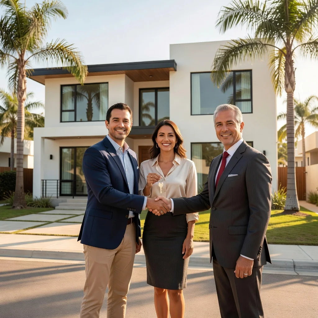 A photorealistic image of a Mexican couple in their 30s standing proudly in front of their newly purchased suburban home, holding keys, with a real estate agent nearby, symbolizing home ownership and mortgage achievement, no children present.