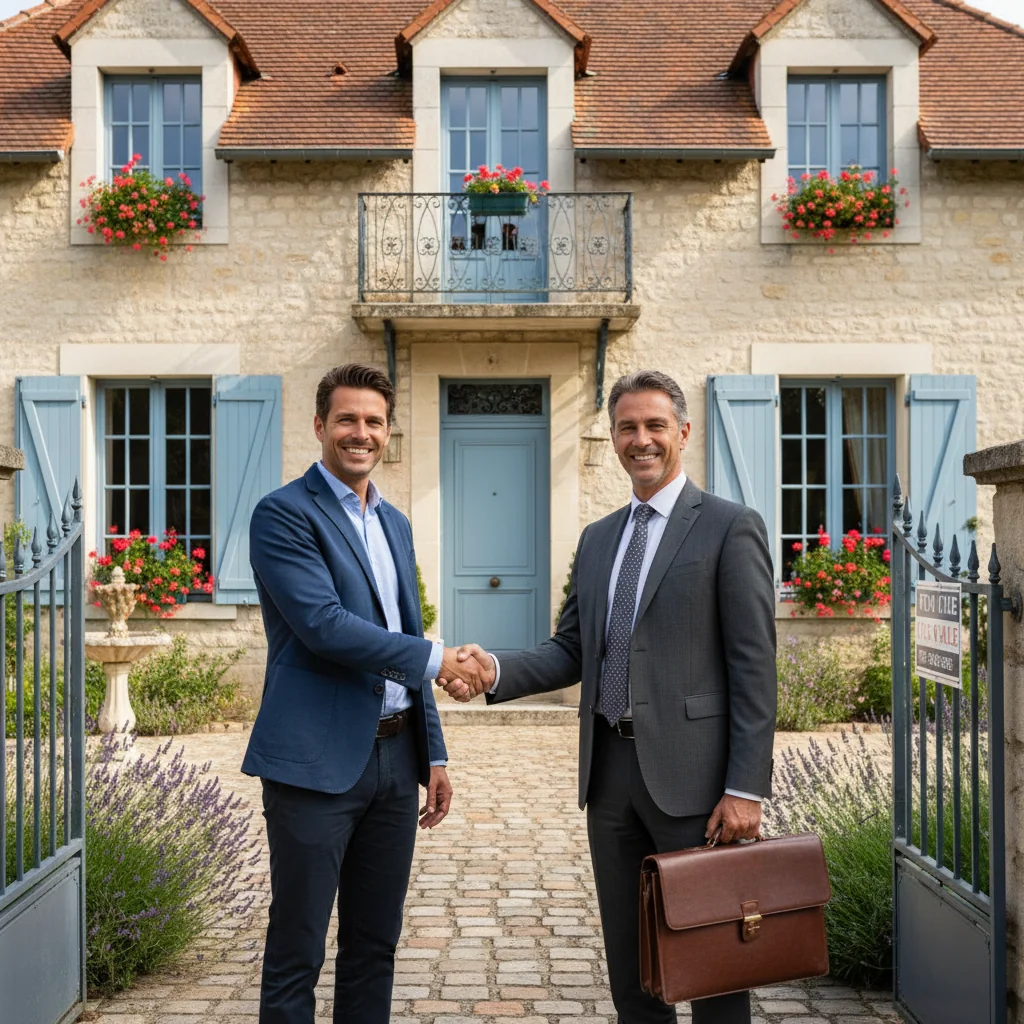 A photorealistic image of a professional couple in their 30s standing outside a modern French home, shaking hands with a real estate agent, symbolizing the mortgage loan agreement process in France. The scene is set in a sunny suburban neighborhood with French architecture, conveying security and homeownership without focusing on any documents.