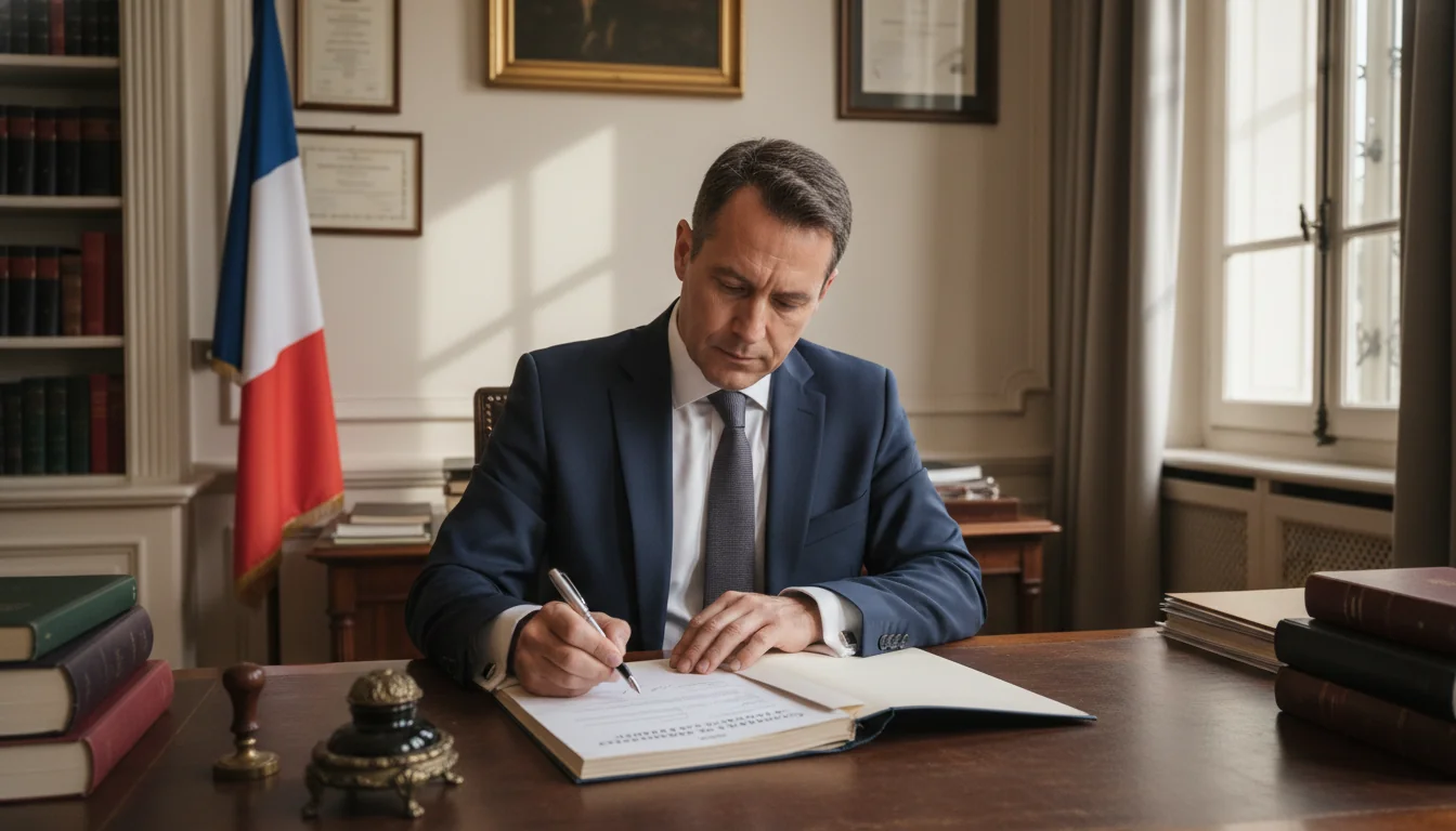 French notary signing mortgage deed