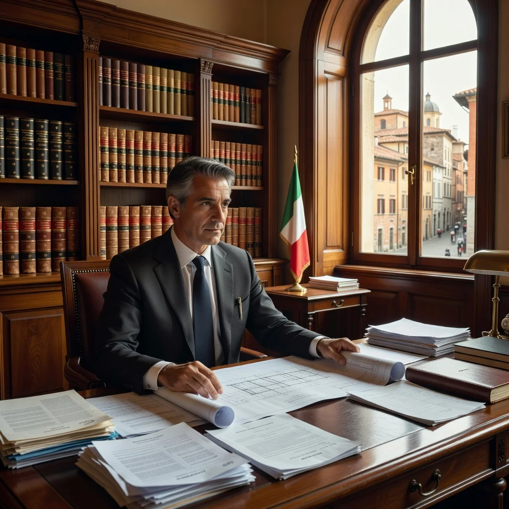 A photorealistic image of an Italian notary or lawyer in a professional office setting, examining property blueprints and mortgage-related documents on a wooden desk, with subtle Italian architectural elements in the background like a window overlooking a historic building, conveying security and legal assurance for real estate transactions. No children present.