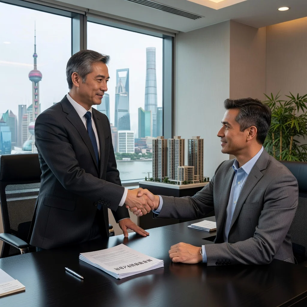 A professional Chinese real estate agent shaking hands with a satisfied adult client in a modern office, symbolizing the successful completion of a property mortgage agreement, with subtle background elements like a city skyline view and property models on the desk, no children present.