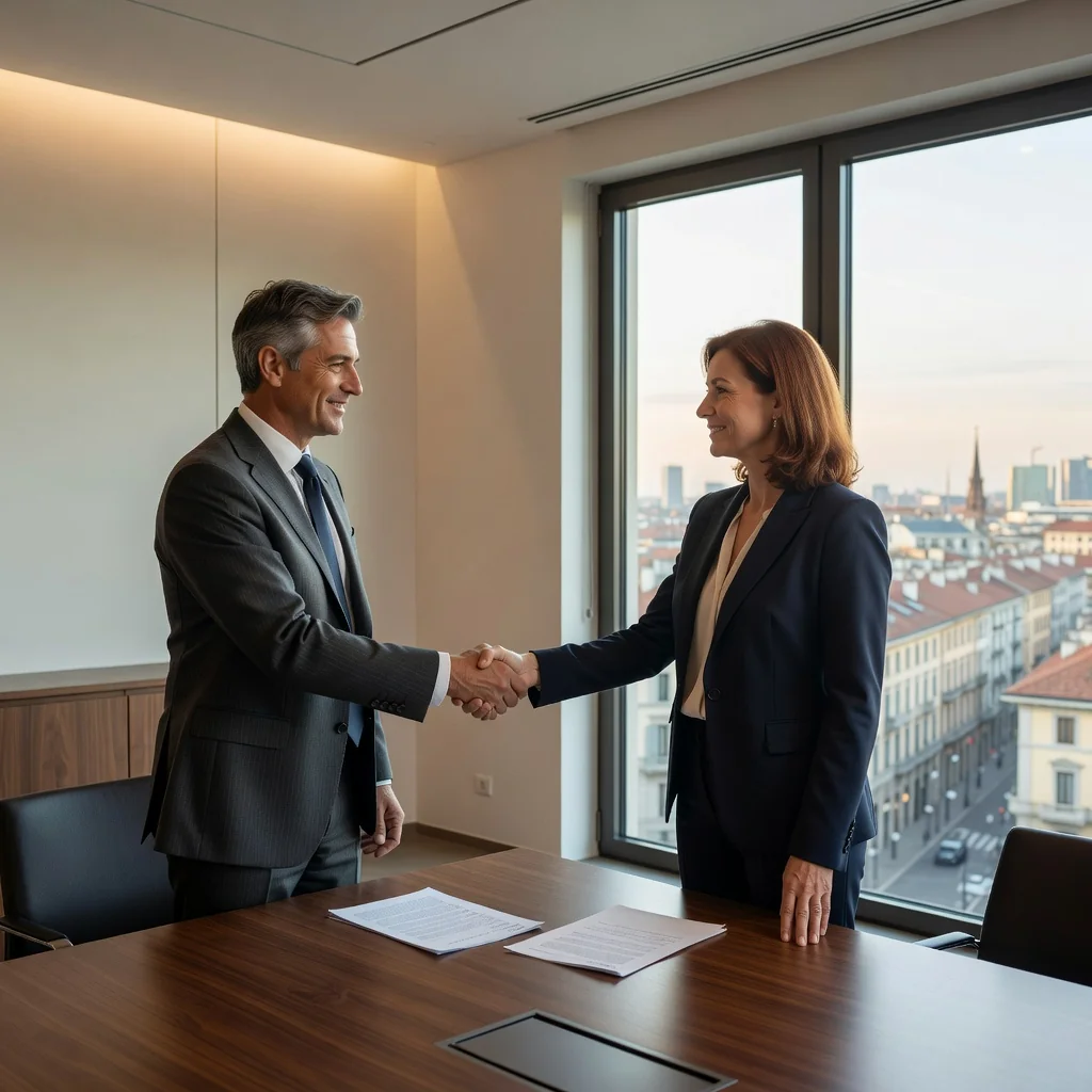 A photorealistic image depicting two professionals in a modern Italian office, shaking hands across a conference table after reaching a successful settlement agreement, symbolizing resolution and compromise in a business transaction context, with subtle Italian elements like a flag or architecture in the background.