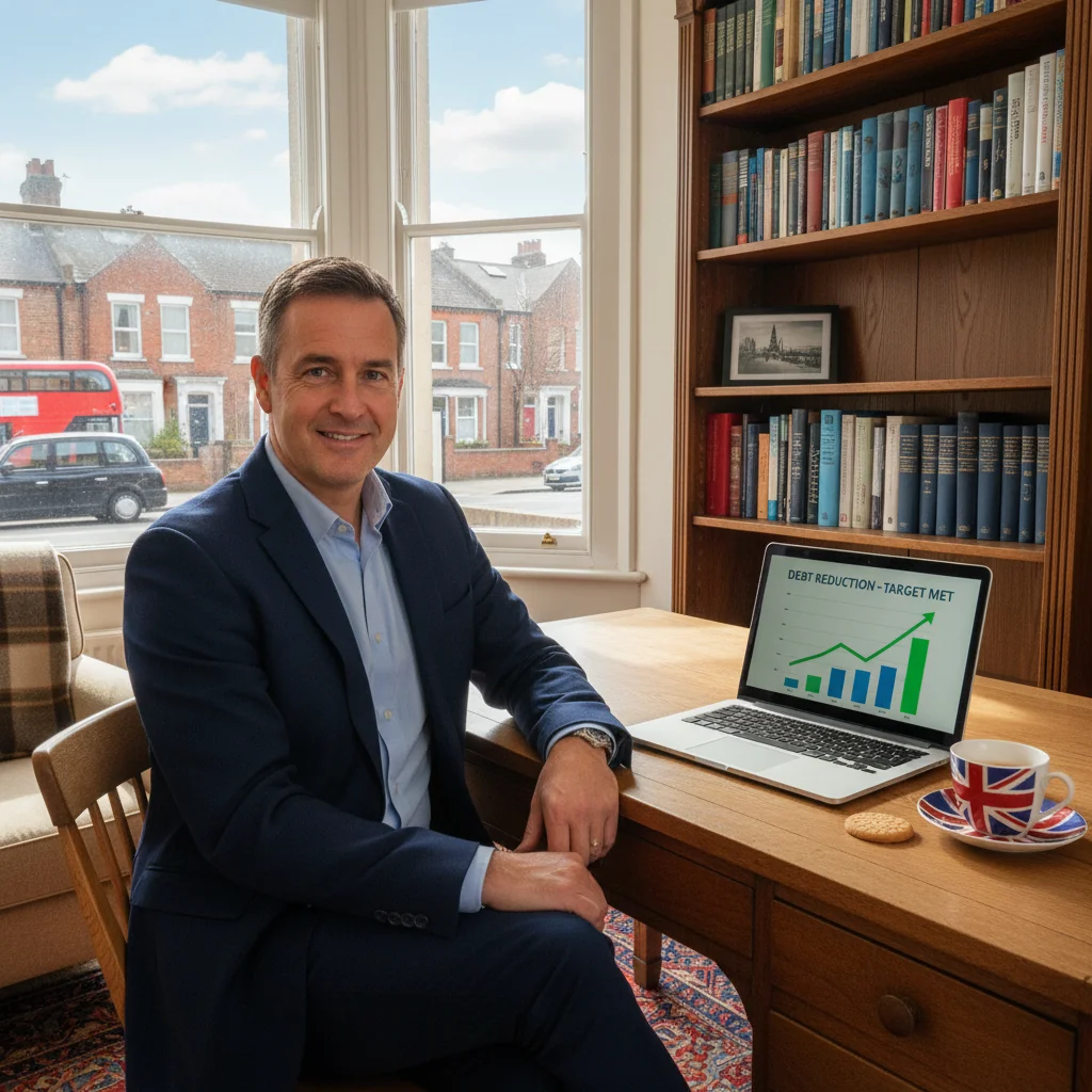 A photorealistic image of a middle-aged UK resident looking relieved and empowered while reviewing financial documents on a laptop in a modern home office, symbolizing the benefits of debt settlement, with subtle UK elements like a Union Jack mug in the background, no children present.