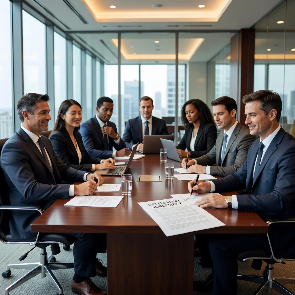 A photorealistic image representing the advantages and disadvantages of a business settlement agreement, showing a diverse group of adult business professionals in a modern conference room engaged in a productive negotiation, with one side appearing relieved and collaborative while the other looks cautiously optimistic, symbolizing balanced outcomes for enterprises, no children present.