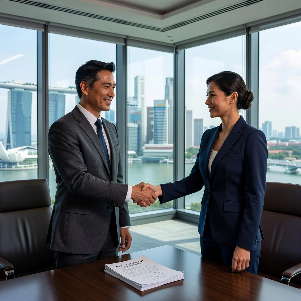 A photorealistic image of a relieved adult professional in a modern Singapore office, shaking hands with a financial advisor across a desk, symbolizing successful debt settlement and financial freedom, with subtle Singapore skyline in the background through a window, no children present.