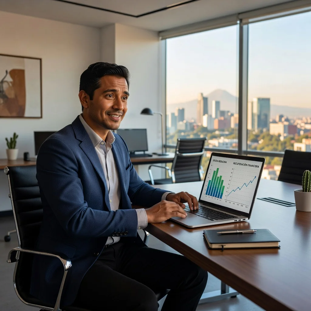 A photorealistic image symbolizing financial relief and debt settlement in Mexico, showing an adult Mexican professional in a modern office setting, smiling with relief as they review financial charts on a computer screen displaying positive balance updates, with subtle Mexican cultural elements like a flag or cityscape in the background, conveying hope and economic stability.
