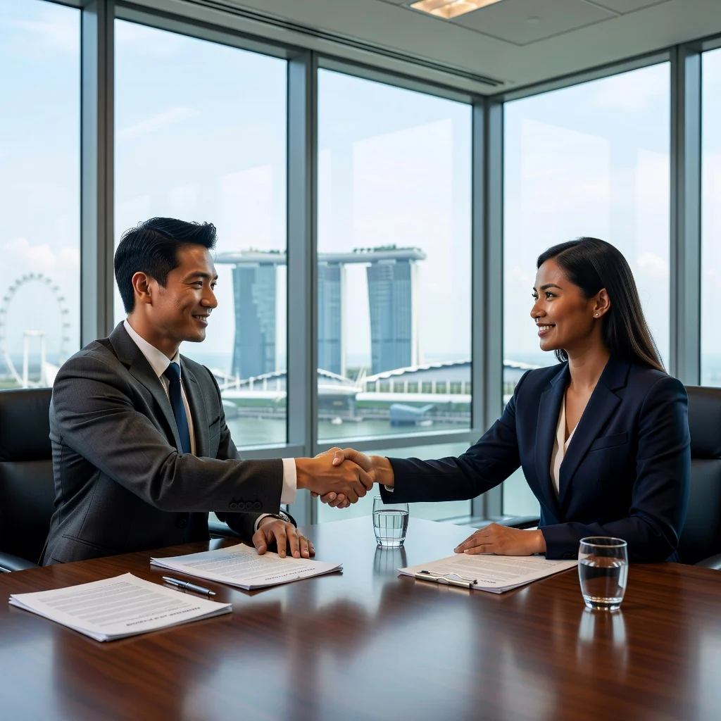 A photorealistic image of a professional adult in their 30s, dressed in business attire, sitting at a modern conference table in a sleek Singapore office with city skyline view through the window, shaking hands confidently with another adult professional across the table, symbolizing a successful debt settlement negotiation agreement, no children present, highly detailed and realistic photography style.