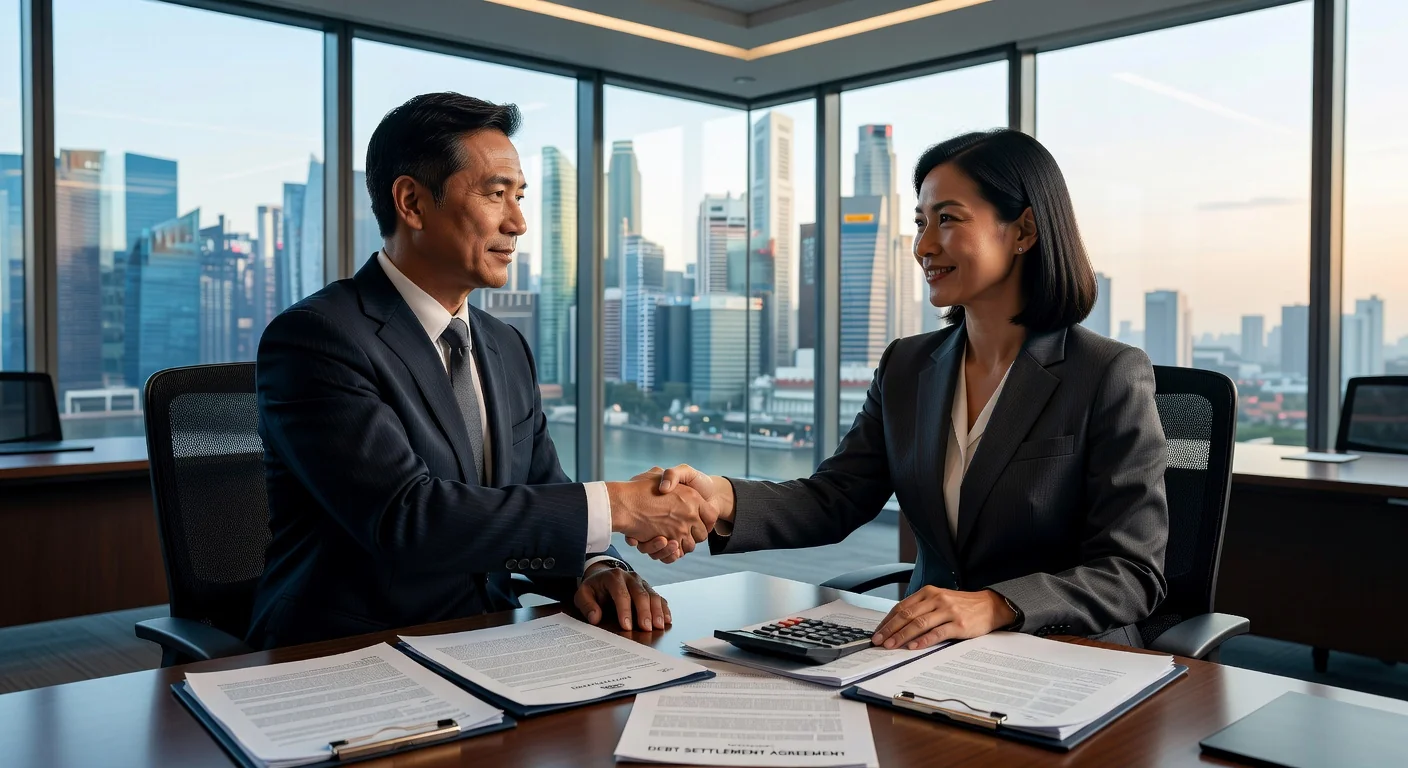 Business professionals shaking hands over documents