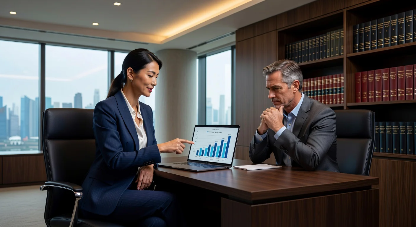 Lawyer advising client on negotiation strategy