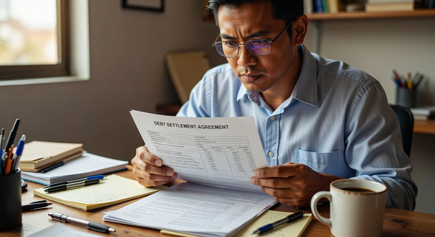 Person reviewing debt settlement contract closely