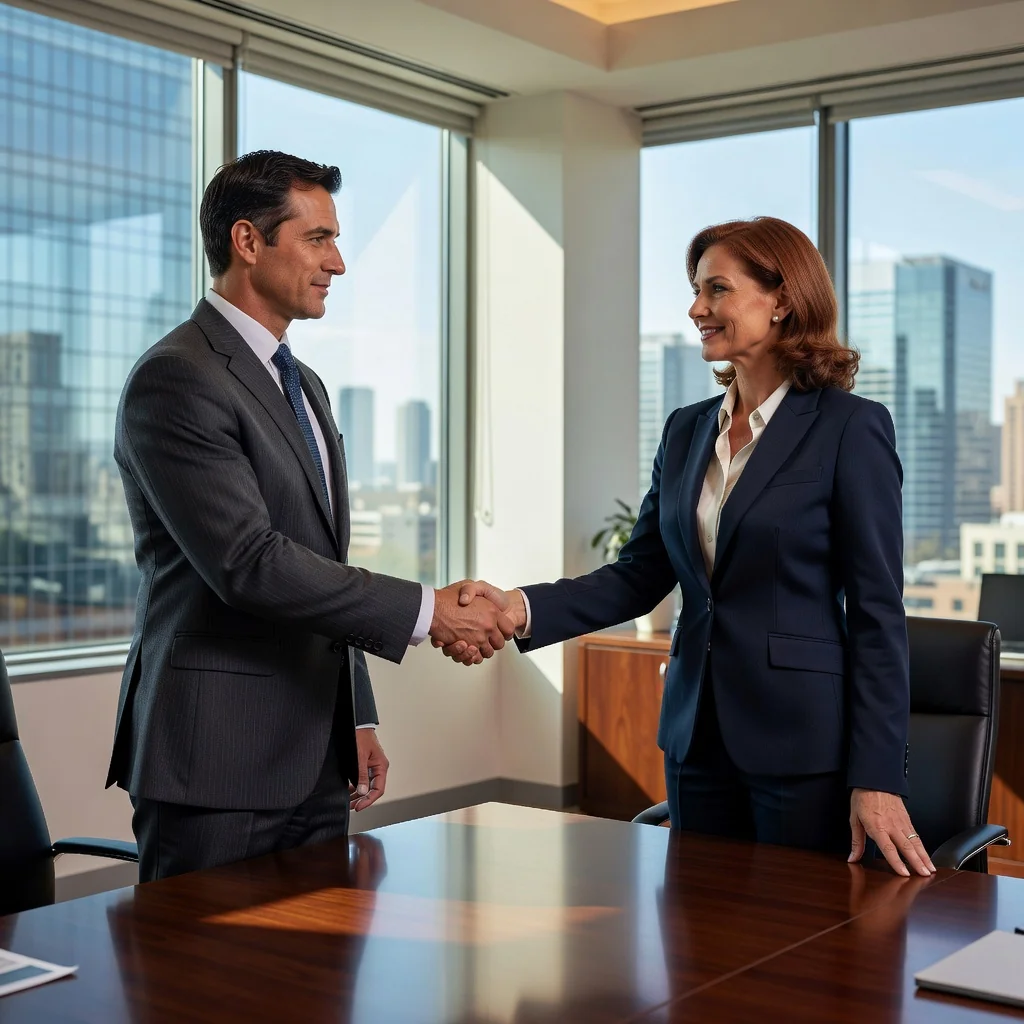 A professional scene representing successful negotiation and resolution of a dispute, with two adults shaking hands across a conference table in a modern office, symbolizing an effective settlement agreement.