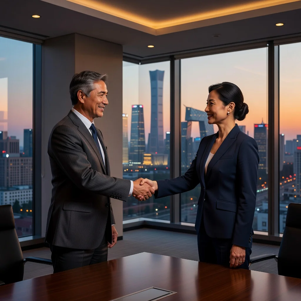 A photorealistic image of two professional adults in business attire shaking hands across a conference table in a modern office setting, symbolizing a debt settlement agreement in China. The background includes subtle Chinese elements like a city skyline with Beijing landmarks, conveying resolution and financial reconciliation without focusing on documents. No children are present.
