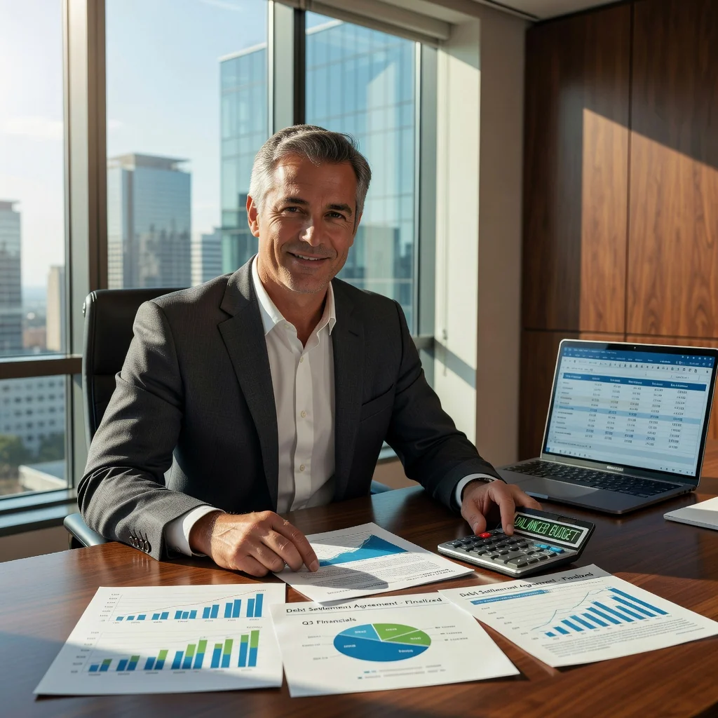 A photorealistic image depicting financial relief and debt settlement, showing a middle-aged adult professional sitting at a desk in a modern office, smiling with relief as they review paperwork and a calculator displaying positive numbers, symbolizing successful debt resolution. The scene conveys empowerment and financial freedom, with no children present.