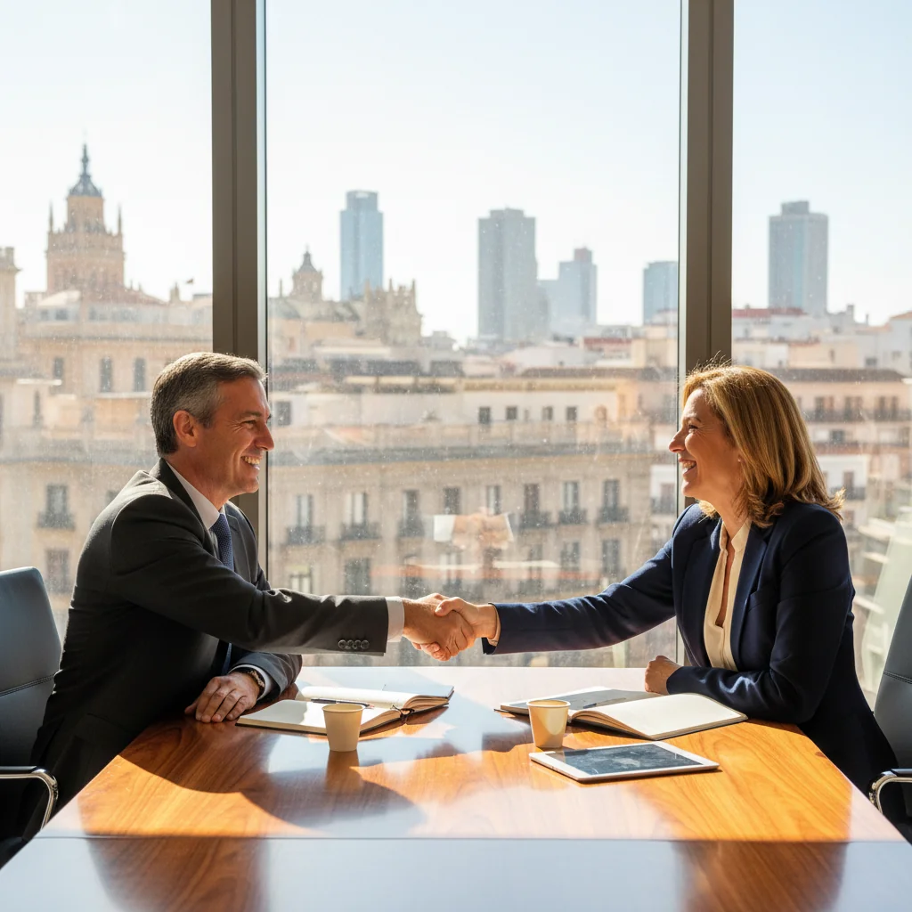 A photorealistic image depicting two professional adults in a modern Spanish office setting, engaged in a constructive discussion over a conference table, symbolizing negotiation and agreement resolution without showing any documents, evoking trust and resolution in a business context.