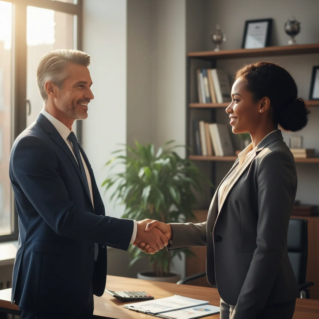 A photorealistic image symbolizing debt relief and financial agreement, showing an adult person looking relieved while shaking hands with a financial advisor across a desk in a professional office setting, with subtle background elements like a calculator and financial charts, no children present, emphasizing hope and resolution in managing debts.