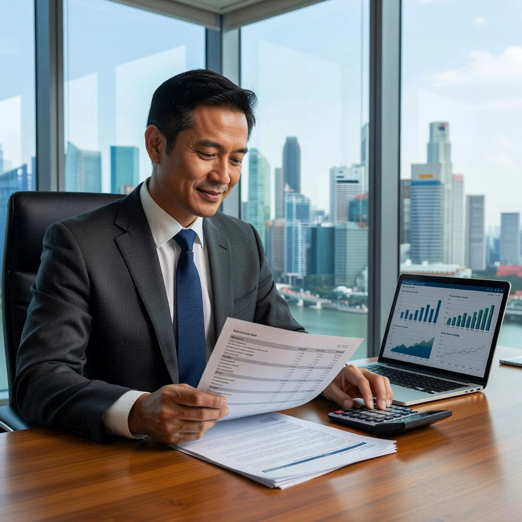 A photorealistic image of a relieved adult Singaporean professional in a modern office setting, reviewing financial documents on a desk with a calculator and laptop, symbolizing careful debt management and avoiding mistakes in settlement agreements, no children present.