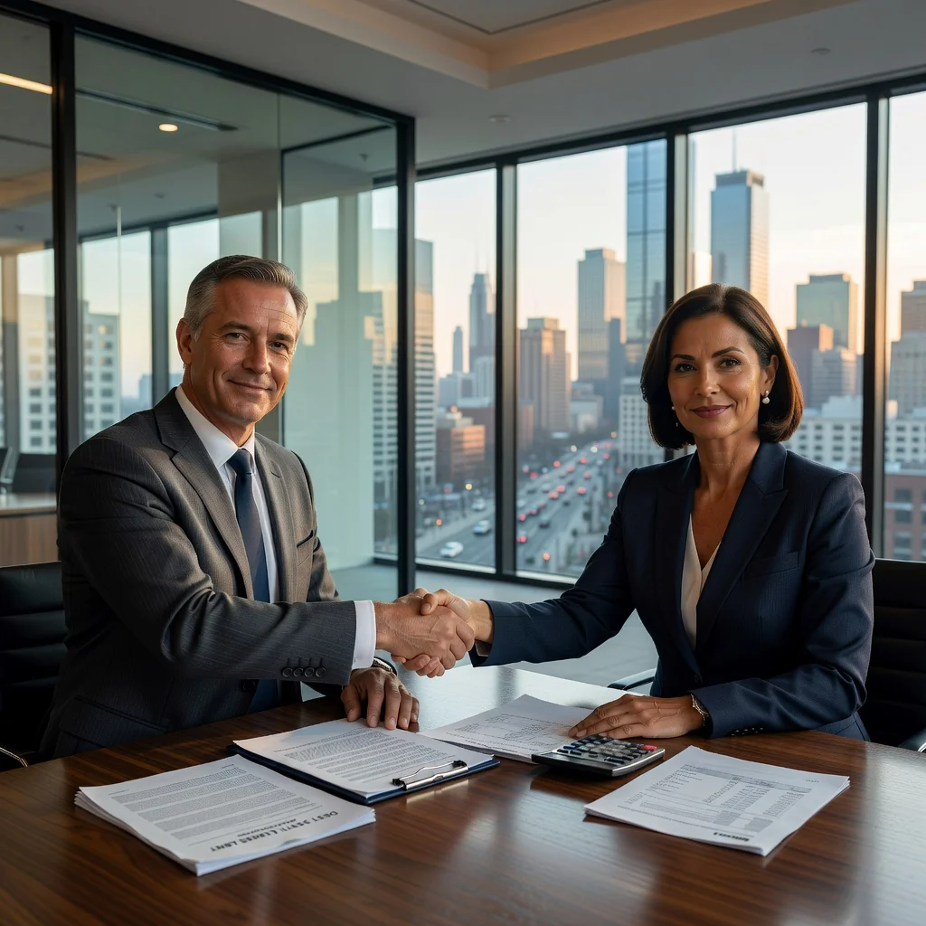 A photorealistic image of two professionals in a modern office shaking hands over a conference table, symbolizing a successful debt settlement agreement, with one person looking relieved and the other professional and confident, no legal documents visible, no children present.