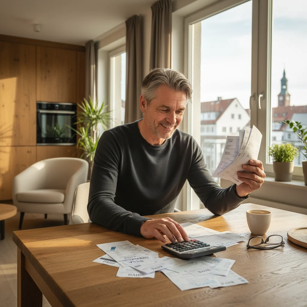 A photorealistic image of an adult person in Germany experiencing financial relief after debt settlement, such as smiling while reviewing bills at a kitchen table with a sense of calm and hope, no children present.