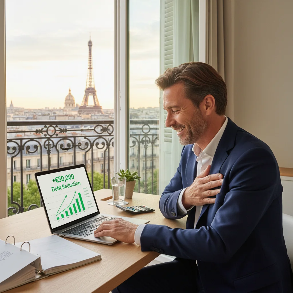 A photorealistic image symbolizing debt relief and financial freedom in France, featuring a middle-aged adult French person in a modern office or home setting, looking relieved while reviewing financial documents on a laptop, with subtle French elements like a Eiffel Tower view in the background, no children present.
