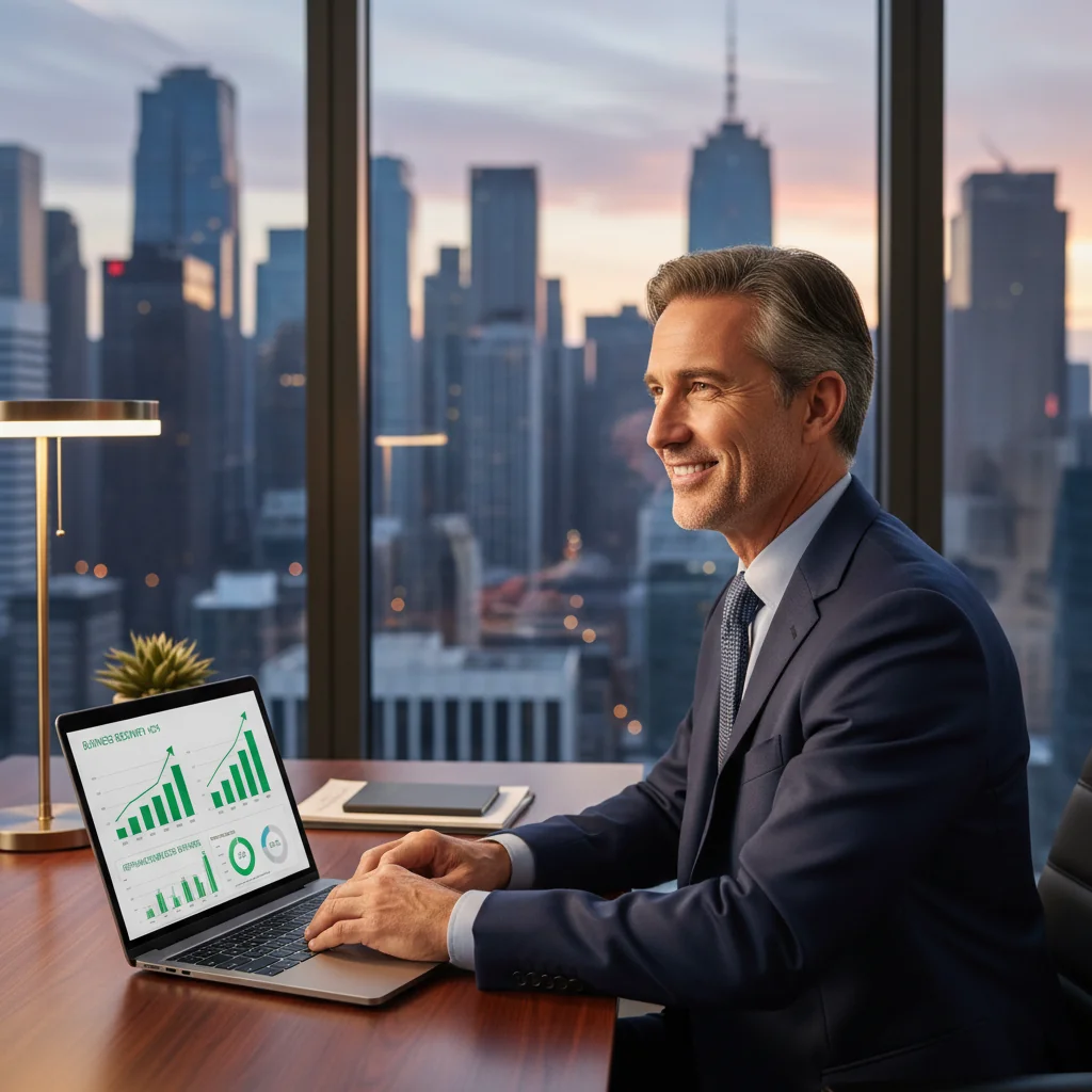 A photorealistic image depicting a professional businessperson in a modern office setting, looking relieved and optimistic while reviewing financial charts on a computer screen, symbolizing the benefits of refinancing for companies in bankruptcy. The scene conveys recovery, growth, and financial stability without focusing on legal documents.