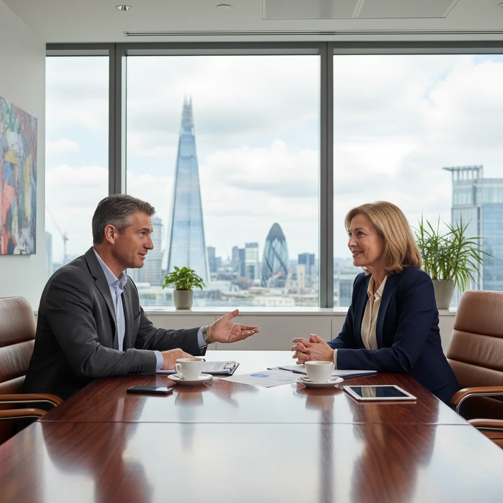 A photorealistic image of a middle-aged adult professional in a modern UK office, engaged in a serious negotiation discussion across a desk with another adult, symbolizing effective debt settlement talks, with subtle UK elements like a Union Jack flag in the background. No children present.