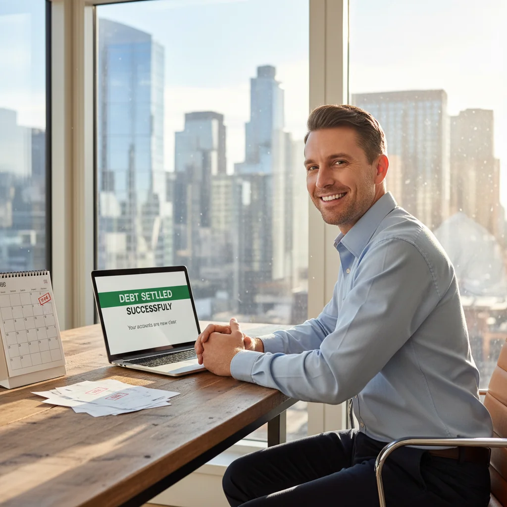 A photorealistic image depicting an adult American consumer in their mid-30s, looking relieved and empowered as they manage their finances, sitting at a desk with a laptop showing a debt settlement success notification, surrounded by subtle symbols of financial relief like a cleared calendar and a small stack of paid bills, in a modern home office setting, conveying a sense of hope and financial freedom without any focus on legal documents.