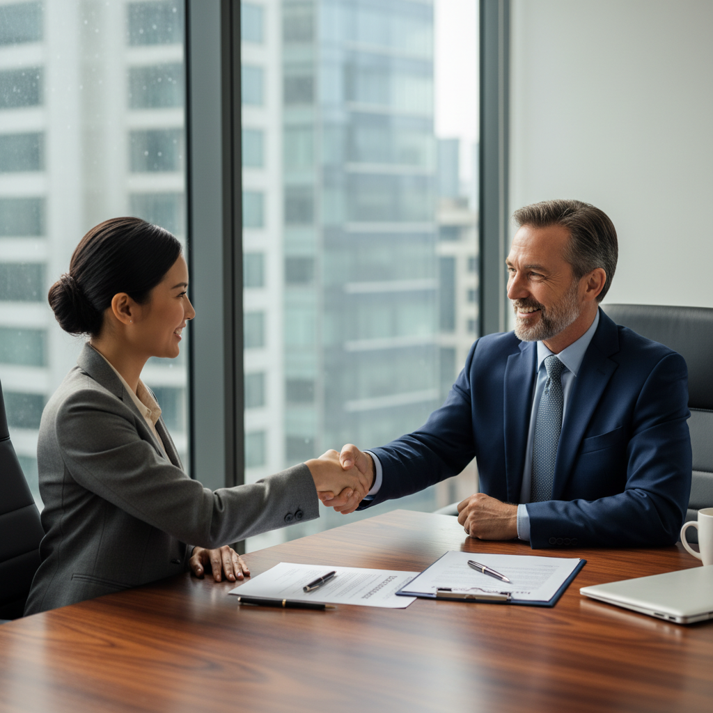 A photorealistic image of a middle-aged adult professional in a modern office setting, looking relieved and confident while shaking hands with another adult across a desk, symbolizing successful debt negotiation and financial relief, no children present.