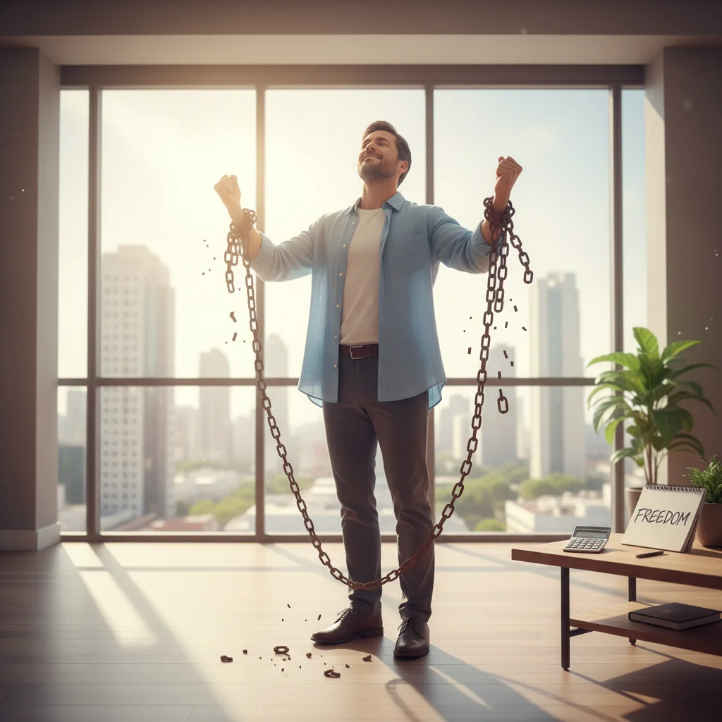 A photorealistic image symbolizing debt relief and financial freedom, showing an adult person looking relieved while tearing up a symbolic chain representing debt, in a modern home setting, conveying hope and liberation from financial burdens.