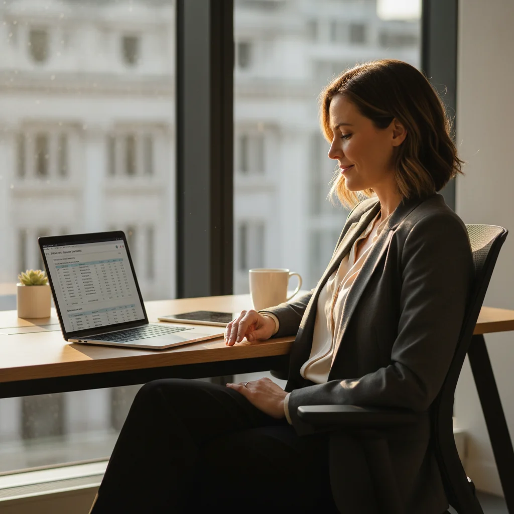 A photorealistic image of a relieved adult professional in their 30s sitting at a modern office desk, reviewing financial statements on a laptop with a subtle smile, symbolizing financial relief from debt settlement, warm lighting, no children present.