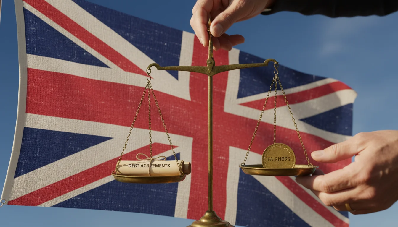UK flag with balanced scales of justice
