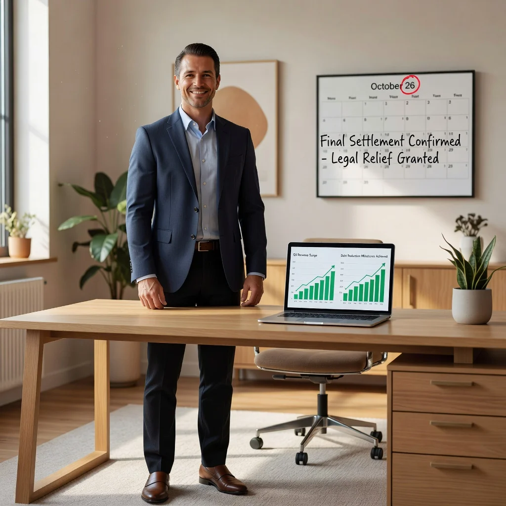 A photorealistic image depicting a relieved adult professional in their 30s, standing in a modern office environment with a subtle background of financial charts and a laptop, symbolizing debt relief and financial freedom through a legal settlement agreement, conveying a sense of accomplishment and peace of mind.