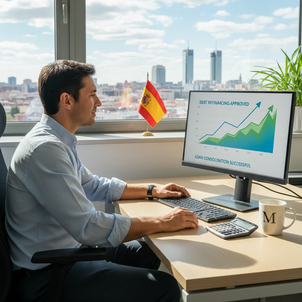 A photorealistic image of a relieved adult professional in their 30s, sitting at a modern office desk in Spain, reviewing financial documents on a computer screen showing debt relief charts, with a subtle background of the Spanish flag and urban Madrid skyline, symbolizing financial recovery through refinancing.