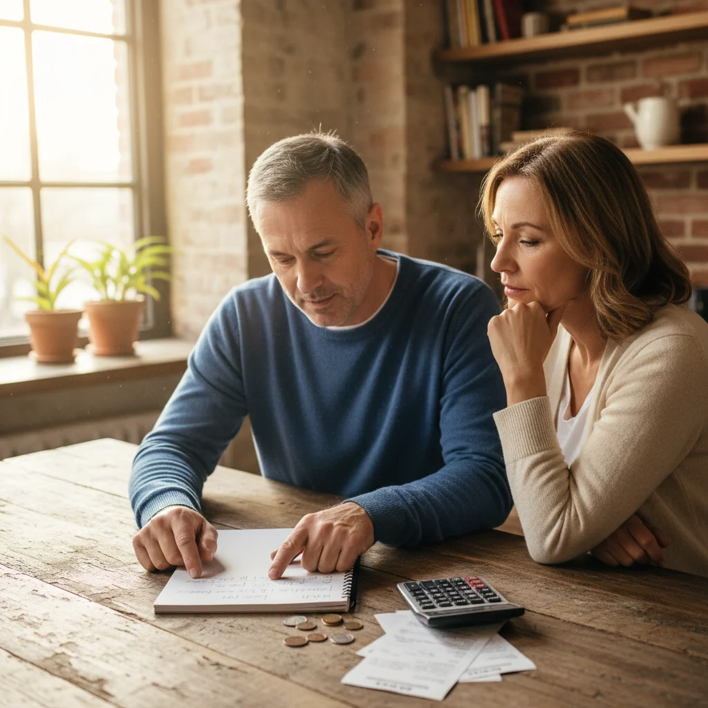 A photorealistic image of two adults sitting at a kitchen table, calmly discussing finances with calculators and financial statements, symbolizing debt settlement and financial relief without showing any documents.