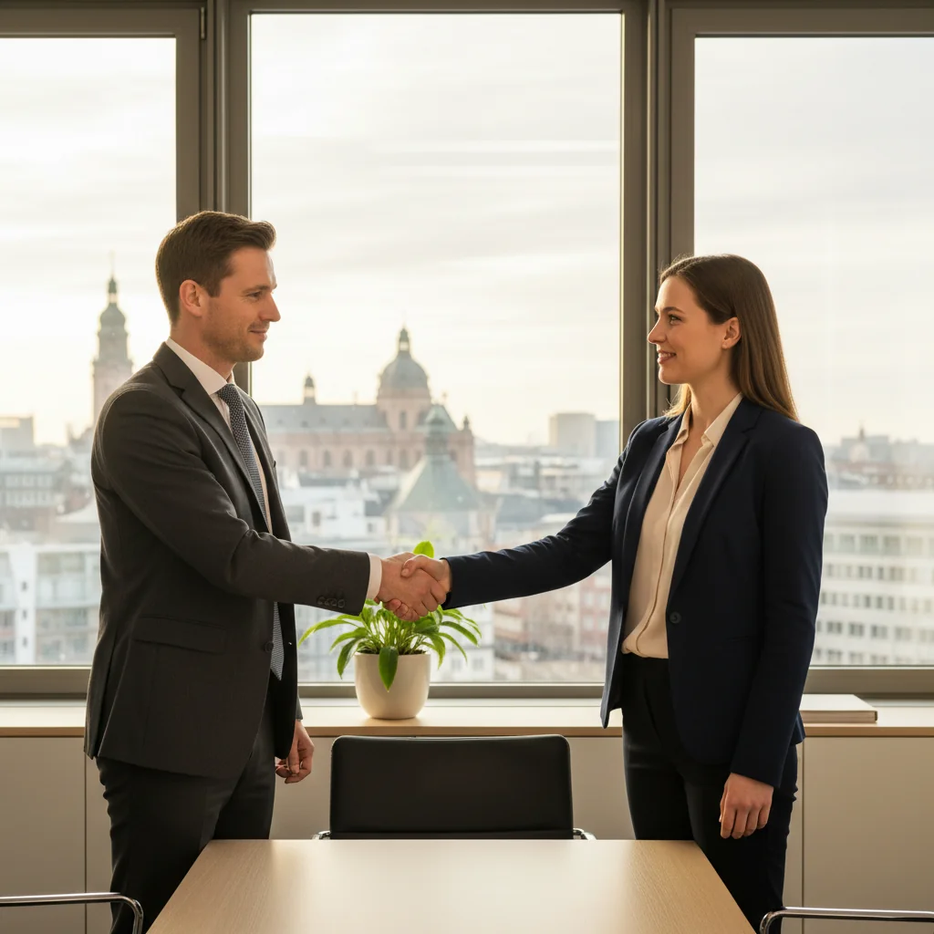 A professional adult scene depicting financial relief and negotiation in a modern German office setting, symbolizing the purpose of a Schuldenvergleichsvertrag which is a debt settlement agreement. Show two adults, one representing a debtor and the other a creditor, shaking hands across a table with subtle German elements like a flag or Berlin skyline in the background, conveying agreement and resolution without showing any legal documents.