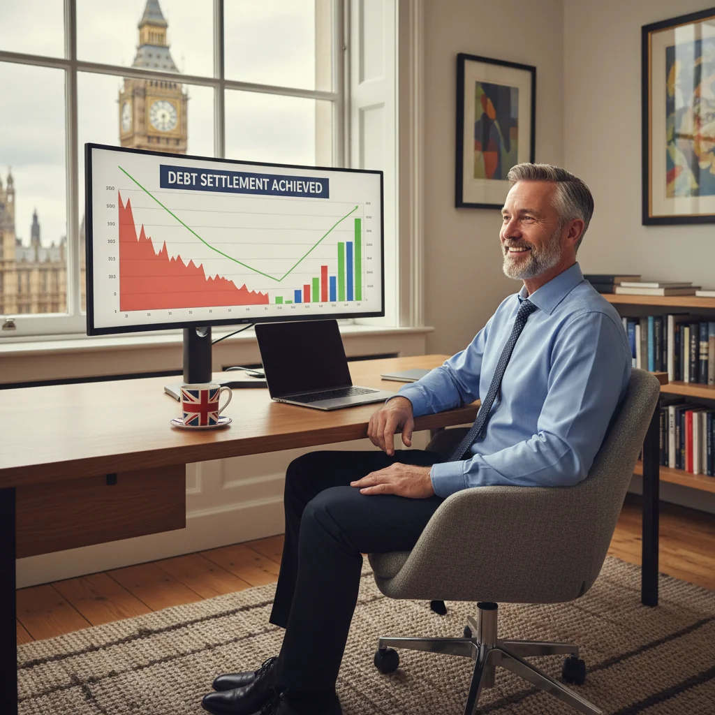 A photorealistic image depicting financial relief and debt settlement in a UK context, showing a middle-aged adult professional in a modern office or home setting, looking relieved while reviewing financial documents on a laptop, with subtle UK elements like a Union Jack flag in the background or London skyline view, no children present.