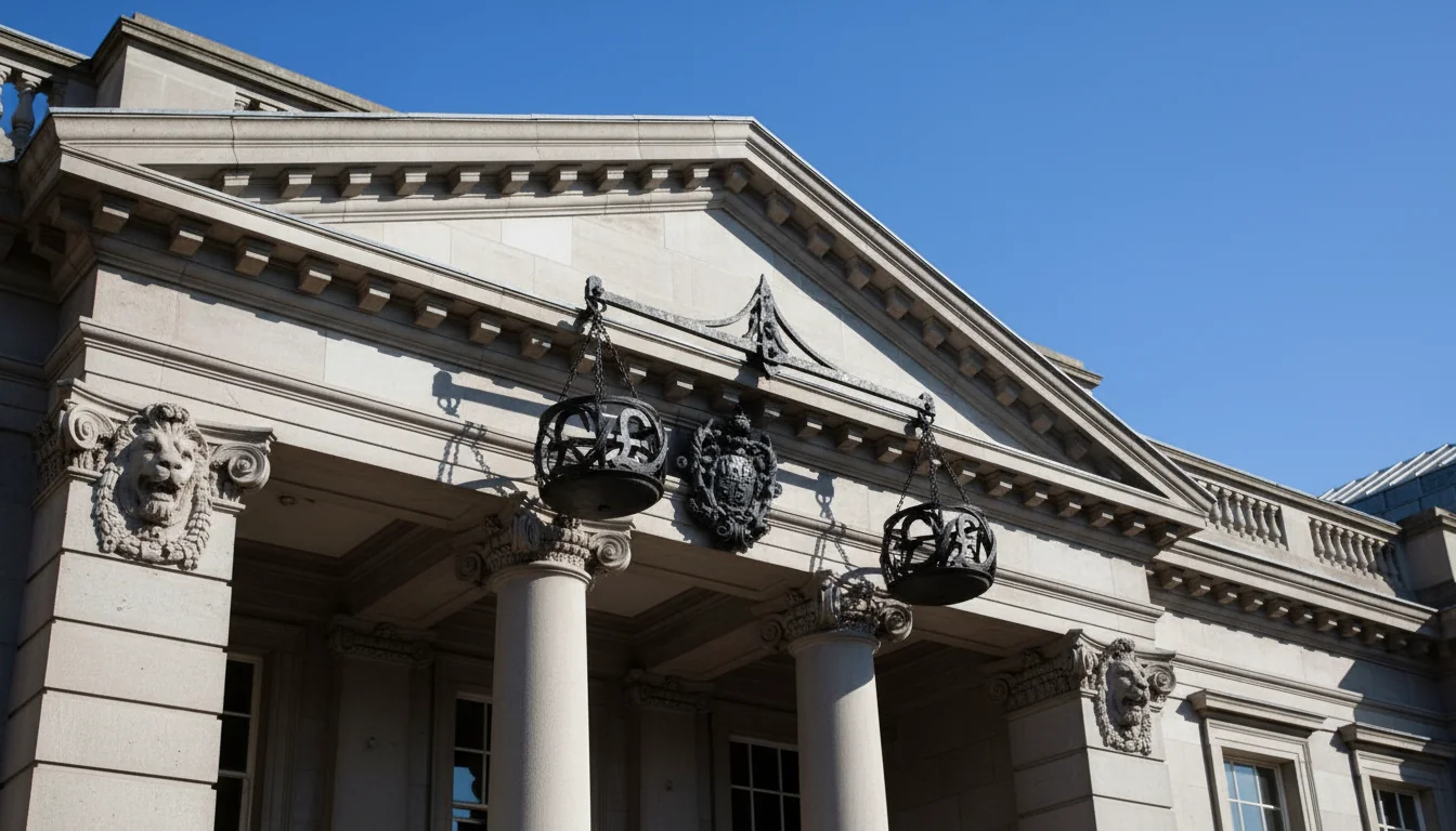UK courthouse with financial justice scales