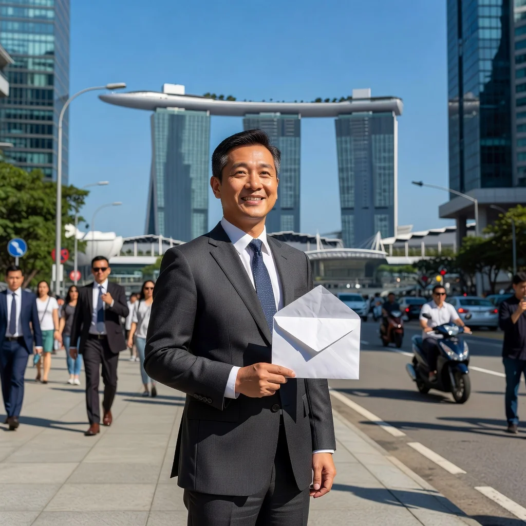 A photorealistic image symbolizing debt relief and financial freedom in Singapore, featuring a middle-aged Asian adult standing on a modern city street in front of iconic Singapore landmarks like Marina Bay Sands, holding a briefcase with a relieved expression, looking towards a bright future, no children present, emphasizing hope and resolution without showing any legal documents.