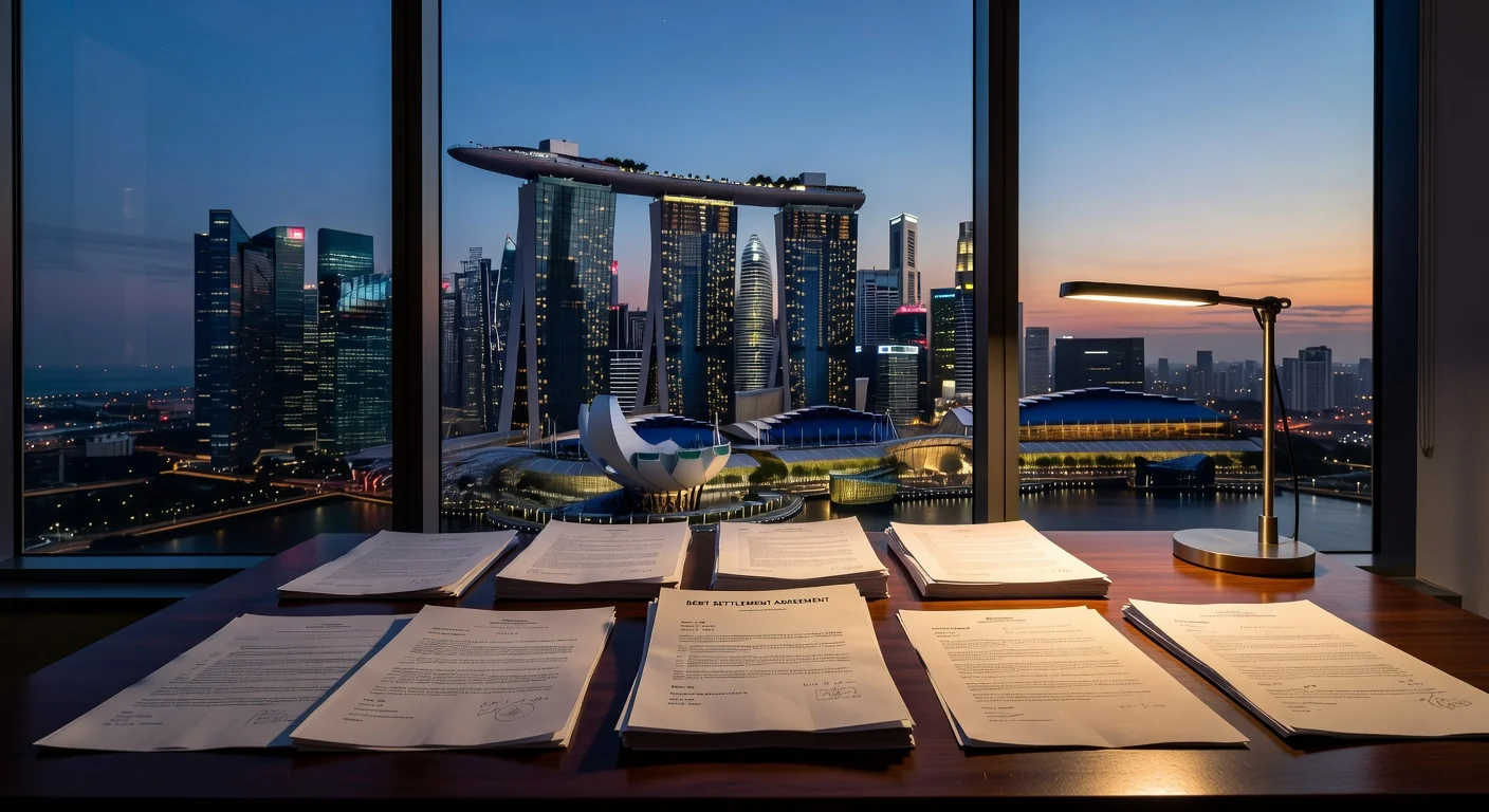 Singapore skyline with legal documents