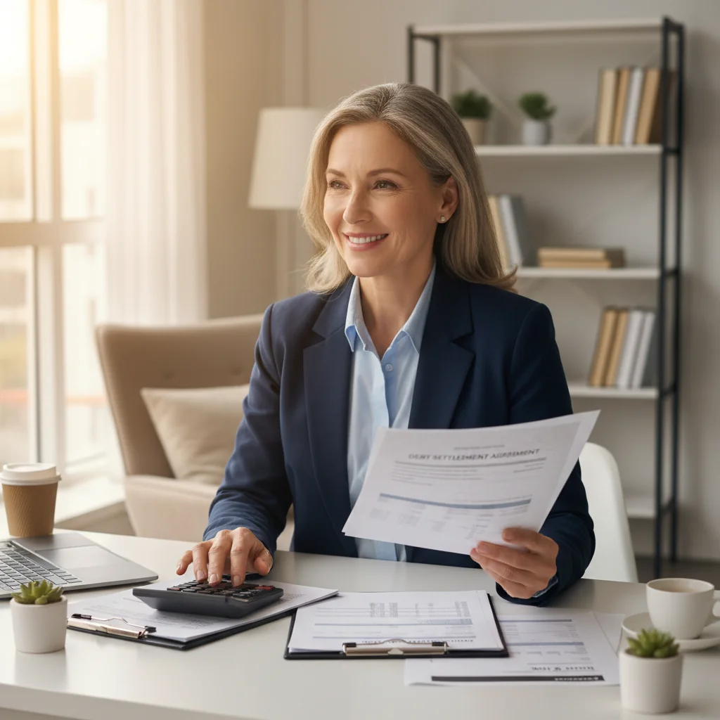 A photorealistic image of an adult professional in a modern office, looking relieved while reviewing financial documents on a desk, symbolizing the resolution of debt through a settlement agreement. The scene conveys a sense of financial freedom and stability, with subtle elements like a calculator and notepad, but no actual legal papers visible.