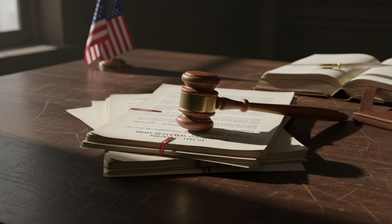 Gavel on legal debt settlement papers