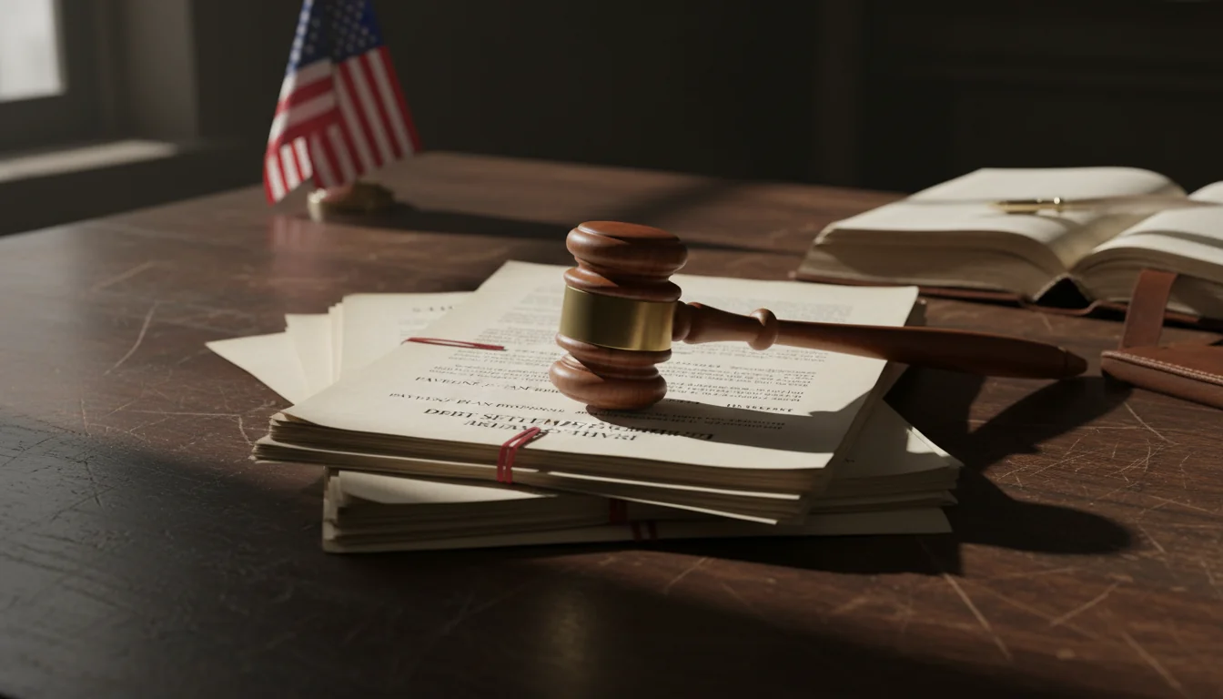 Gavel on legal debt settlement papers