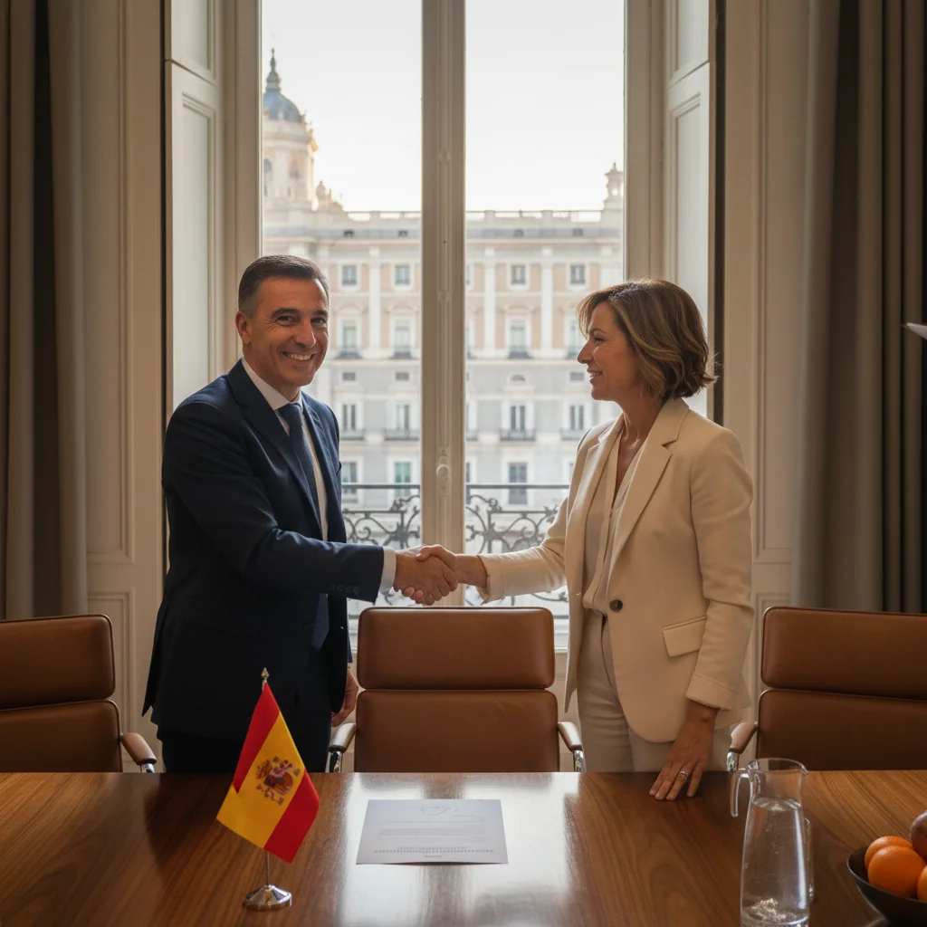 A photorealistic image depicting two professional adults in a modern Spanish office shaking hands over a conference table, symbolizing a successful refinancing agreement or legal transaction. The scene conveys trust, negotiation, and financial resolution, with subtle Spanish elements like a flag or architecture in the background. No children are present.