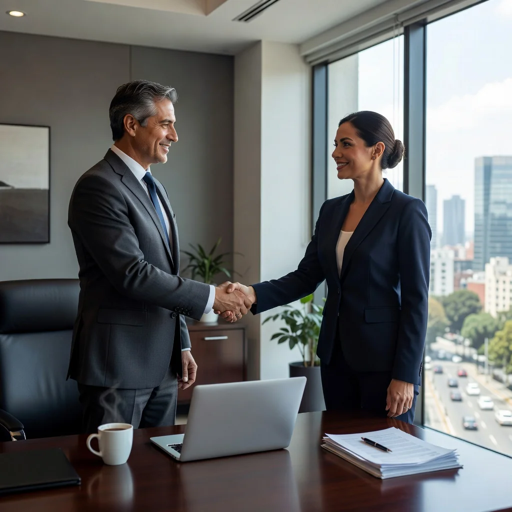 A photorealistic image representing debt settlement and financial relief in Mexico, showing a middle-aged Mexican adult in a modern office setting, shaking hands with a professional advisor across a desk with subtle Mexican cultural elements like a flag or map in the background, symbolizing agreement and resolution of financial obligations, no children present.