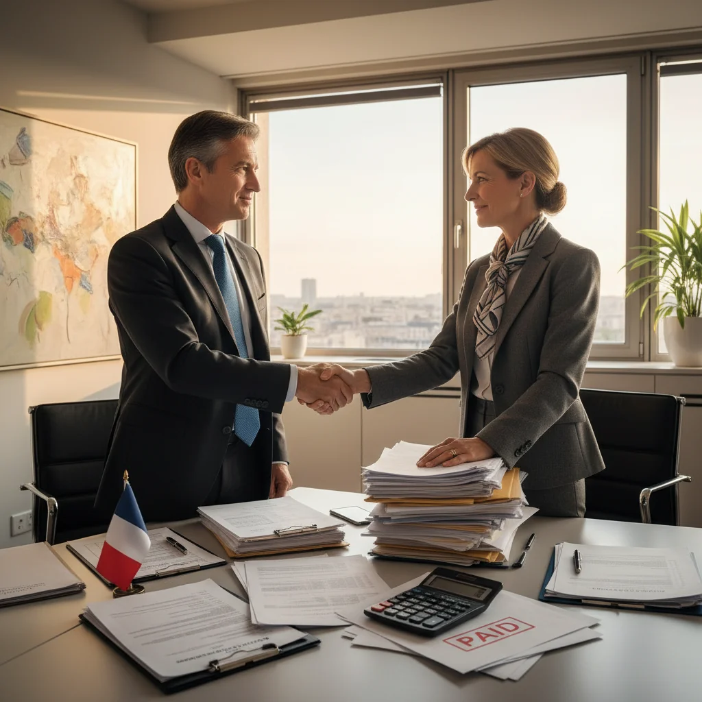 A professional business meeting in a modern French office where adults are shaking hands over a desk, symbolizing debt relief and financial agreement, with subtle French elements like a window view of the Eiffel Tower in the background, photorealistic style.